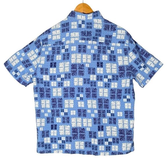 Nat Nast Shirt Men M Blue Geo Tribal Tiki Hawaiian Camp Button Up Silk Cotton - Picture 2 of 11